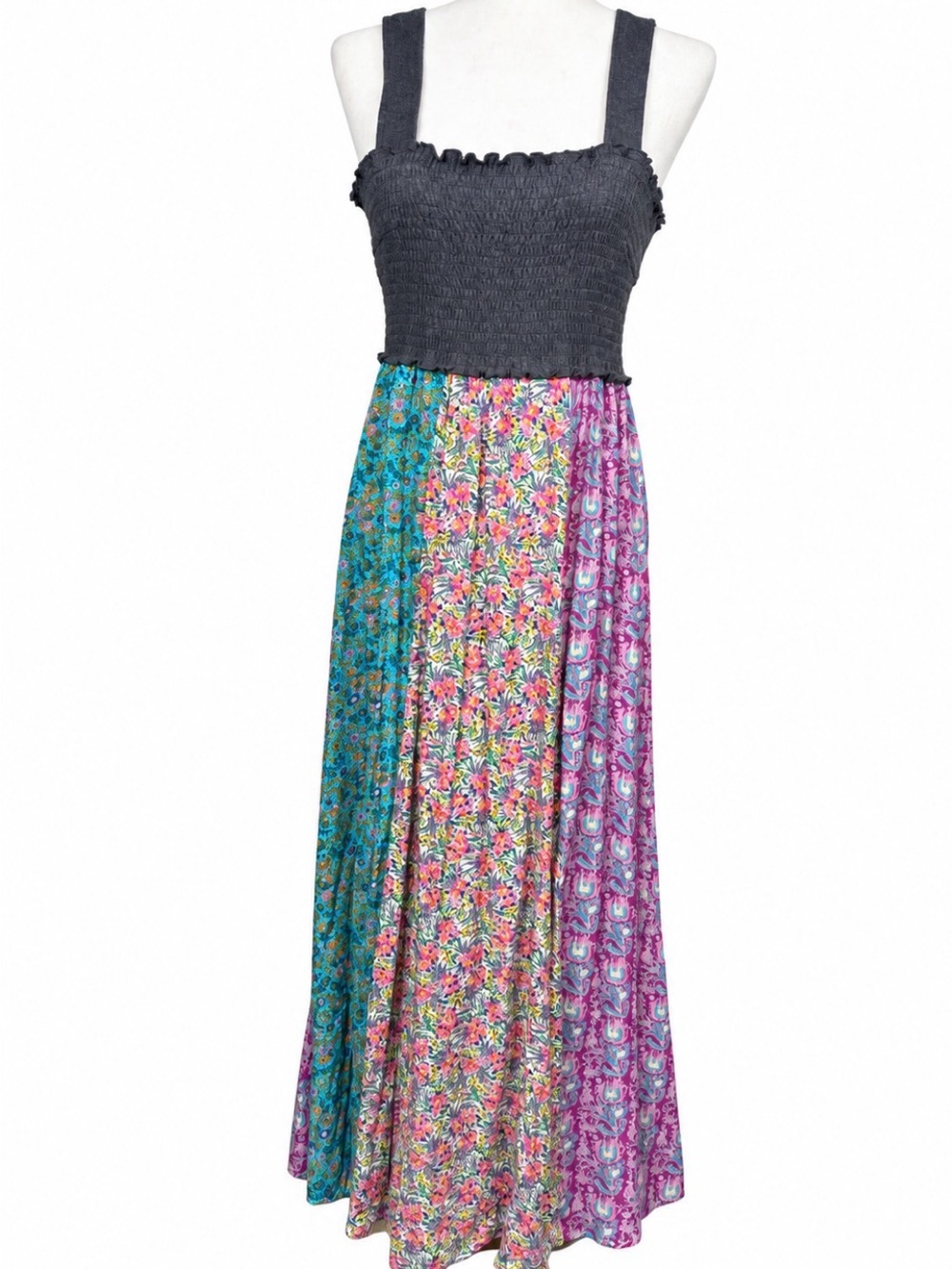 Natural Life M Patchwork Floral Maxi Dress Smocked Boho Cottagecore Flowy Rayon
